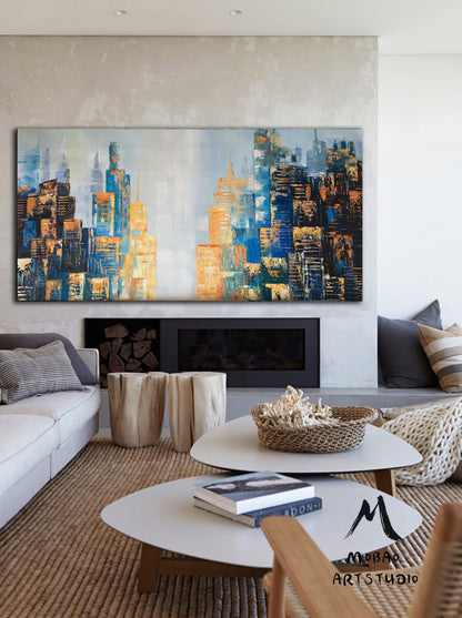 Large City Skyline Painting, Modern Urban Blue abstract painting, Sky painting, New York City abstract painting on Canvas, New York Wall Art