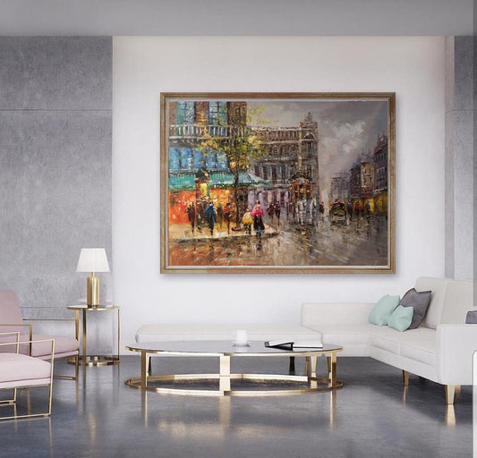 Original Paris city art painting on Canvas,Large wall art Paris City Landscape Oil On Canvas,People walking in the bustling streets of Paris