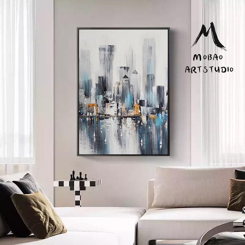Original City View Abstract oil painting,Large Wall city oil painting,New York city oil painting Artwork,Skyline city art painted on canvas