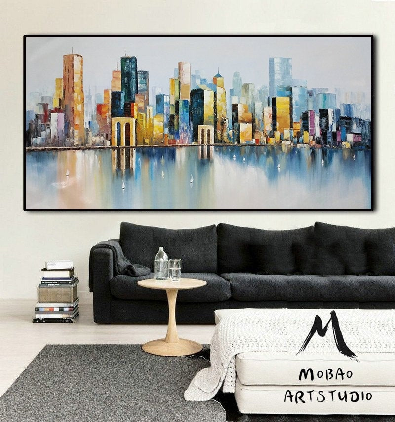 Large City abstract art painting, New York City Landscape painting, Abstract painting, Brooklyn Bridge Landscape painting, Large wall art