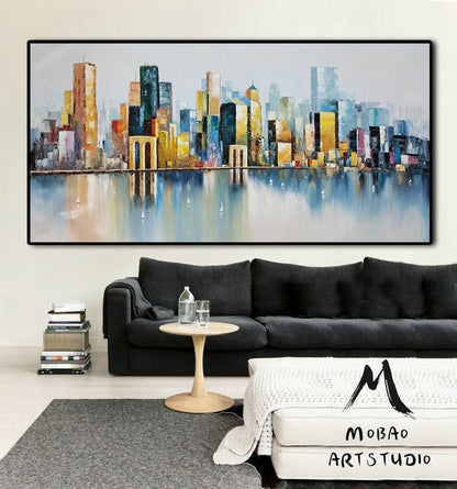 Large City abstract art painting, New York City Landscape painting, Abstract painting, Brooklyn Bridge Landscape painting, Large wall art
