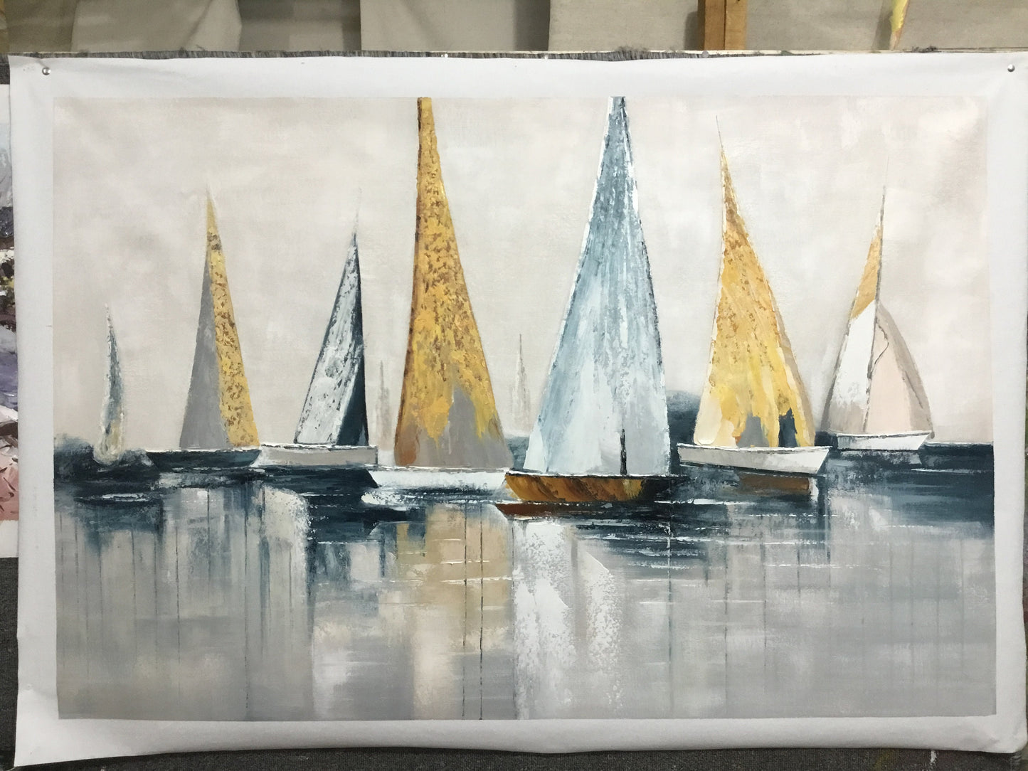 Original Sailboats gather in the harbor landscape to paint Artwork, Large sailboat abstract painting, Nautical oil painting art on Canvas