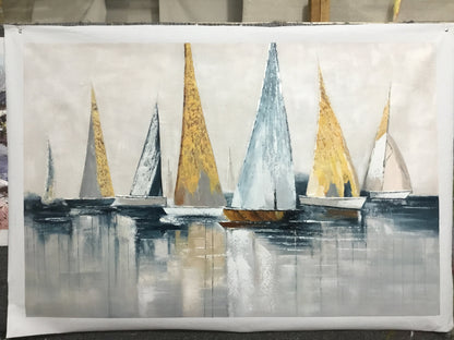 Original Sailboats gather in the harbor landscape to paint Artwork, Large sailboat abstract painting, Nautical oil painting art on Canvas