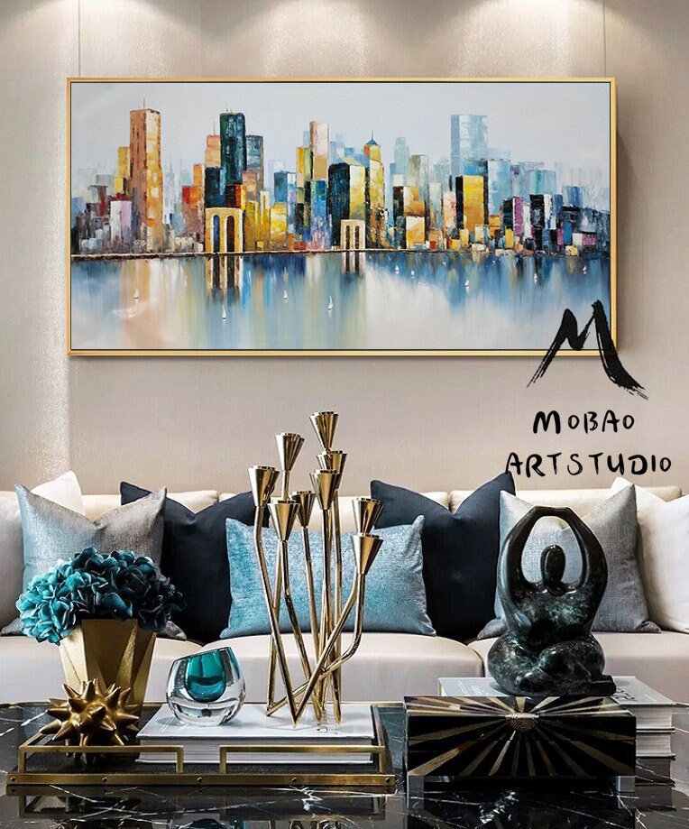 Large City abstract art painting, New York City Landscape painting, Abstract painting, Brooklyn Bridge Landscape painting, Large wall art