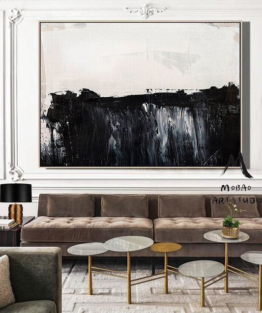 Black White Painting,Large Canvas Art Painting, Large Abstract Painting,Horizontal Wall Art,Wall Decor Art,Handmade Large Wall Art Painting