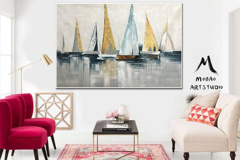 Original Sailboats gather in the harbor landscape to paint Artwork, Large sailboat abstract painting, Nautical oil painting art on Canvas