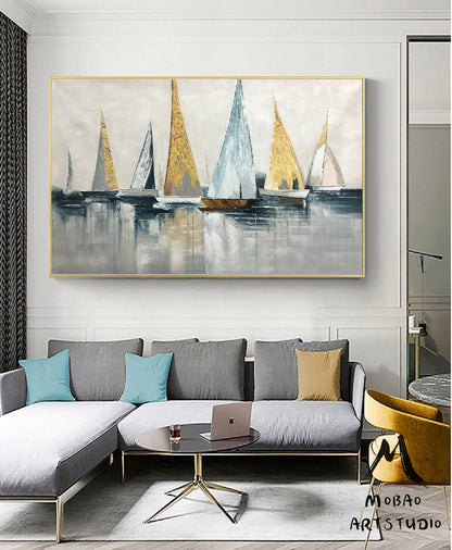 Original Sailboats gather in the harbor landscape to paint Artwork, Large sailboat abstract painting, Nautical oil painting art on Canvas