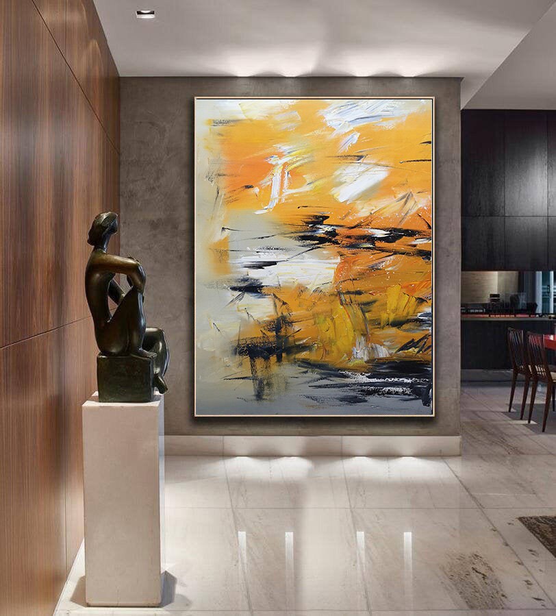 Original Orange Yellow Abstract Painting, Minimalist Abstract Painting, Large Abstract Painting, White Painting, Large Wall Canvas Painting
