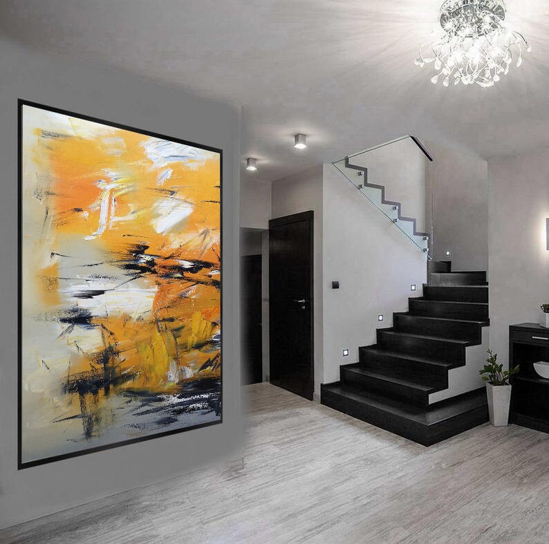 Original Orange Yellow Abstract Painting, Minimalist Abstract Painting, Large Abstract Painting, White Painting, Large Wall Canvas Painting