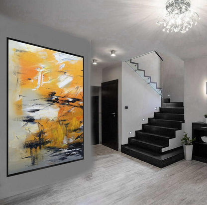 Original Orange Yellow Abstract Painting, Minimalist Abstract Painting, Large Abstract Painting, White Painting, Large Wall Canvas Painting