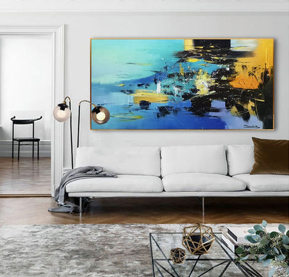 Blue Abstract Painting, Large Blue Sea Abstract Painting On Canvas,Dark Blue Abstract Painting, Black Painting Abstract Art, Yellow Painting