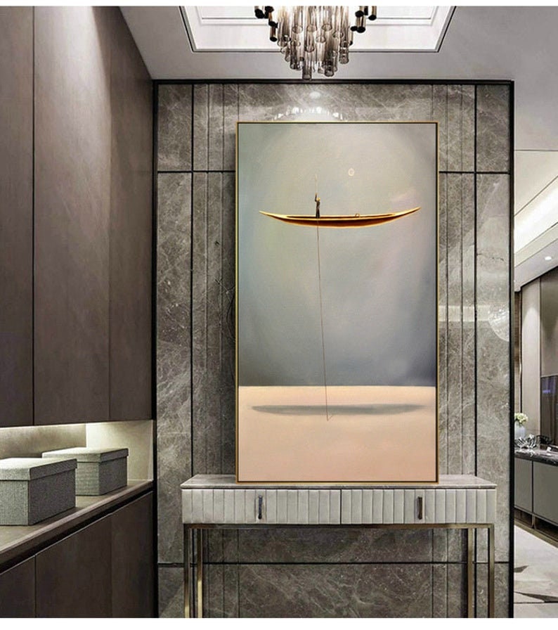 An abstract painting of a floating canoe,Abstract oil painting artwork Sailboat painting Wooden tall ship,Sky art oil painting Boat painting