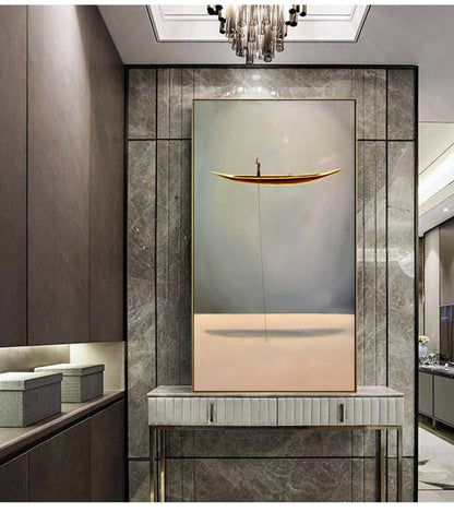 An abstract painting of a floating canoe,Abstract oil painting artwork Sailboat painting Wooden tall ship,Sky art oil painting Boat painting