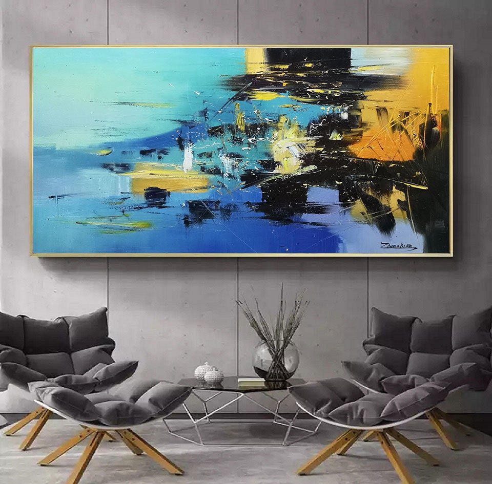 Blue Abstract Painting, Large Blue Sea Abstract Painting On Canvas,Dark Blue Abstract Painting, Black Painting Abstract Art, Yellow Painting