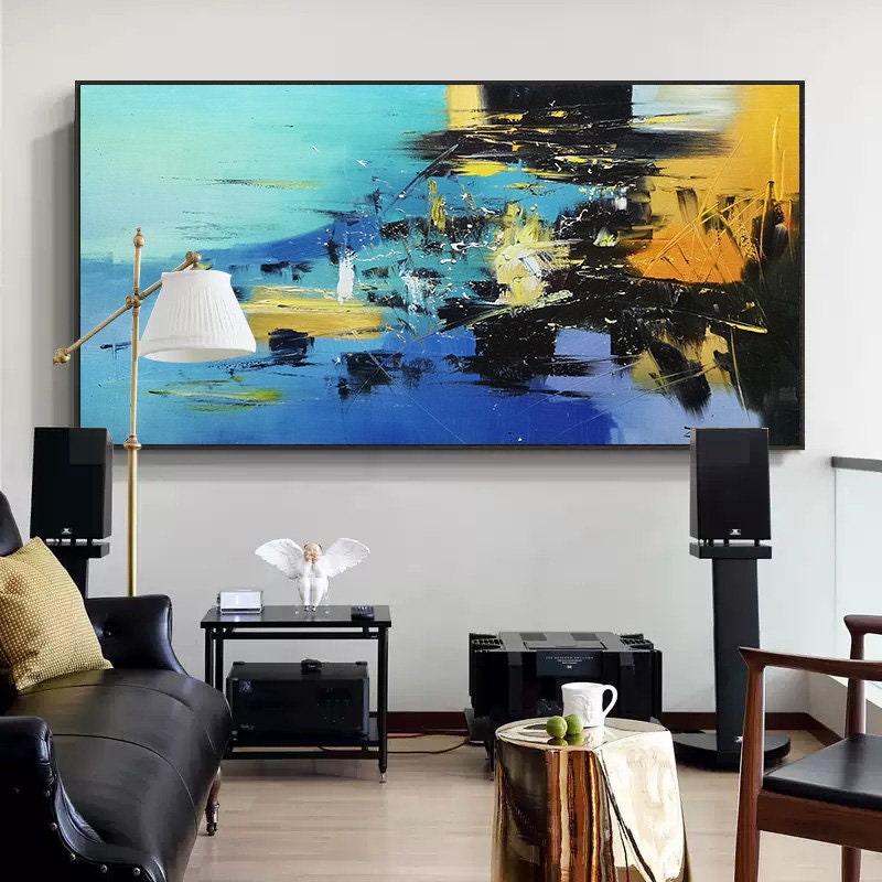 Blue Abstract Painting, Large Blue Sea Abstract Painting On Canvas,Dark Blue Abstract Painting, Black Painting Abstract Art, Yellow Painting