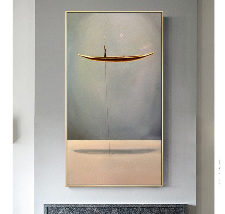 An abstract painting of a floating canoe,Abstract oil painting artwork Sailboat painting Wooden tall ship,Sky art oil painting Boat painting