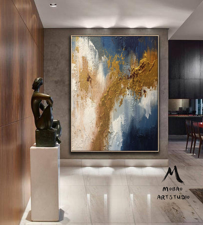 Extra Large Painting on Canvas,Original Large Abstract Painting,Contemporary Art Modern Oil Painting Large Blue Painting Gold Abstract Art
