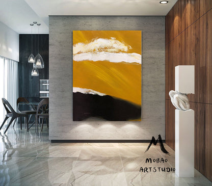 Large Abstract Painting, Original Golden Yellow Abstract Painting,Minimalist Abstract Painting,White Painting Black Painting,Living Room Art
