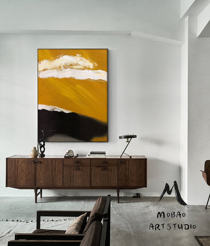Large Abstract Painting, Original Golden Yellow Abstract Painting,Minimalist Abstract Painting,White Painting Black Painting,Living Room Art