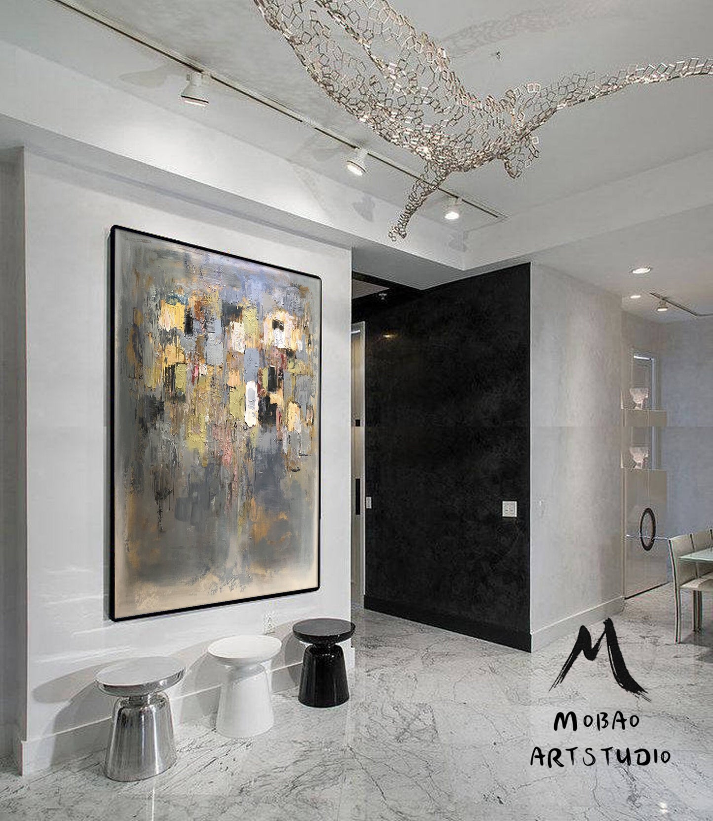 Large Gold Cubes White Abstract  Painting, Modern Painting, Abstract Wall Art Palette Knife Artwork Clear Painting, Office Decor Painting