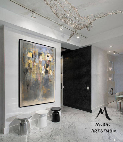 Large Gold Cubes White Abstract  Painting, Modern Painting, Abstract Wall Art Palette Knife Artwork Clear Painting, Office Decor Painting