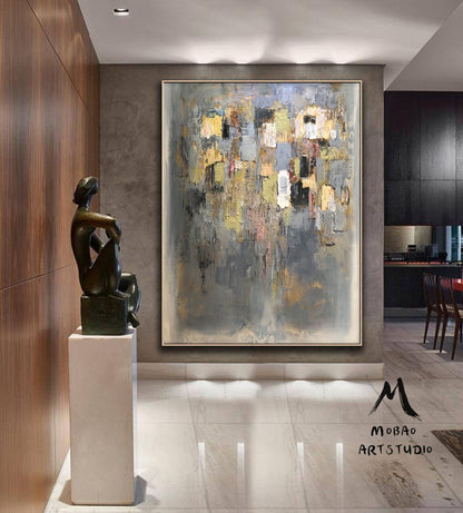 Large Gold Cubes White Abstract  Painting, Modern Painting, Abstract Wall Art Palette Knife Artwork Clear Painting, Office Decor Painting