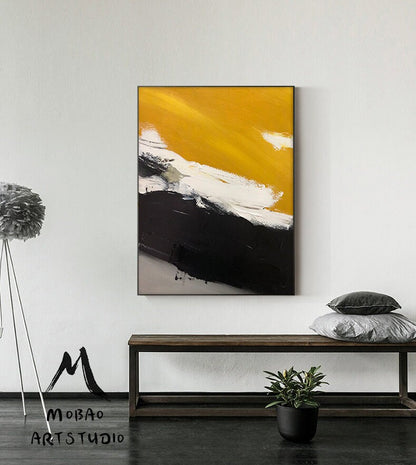 Original Golden Yellow Abstract Painting,Minimalist Abstract Painting,White Painting Black Painting,Large Abstract Painting,Living Room Art