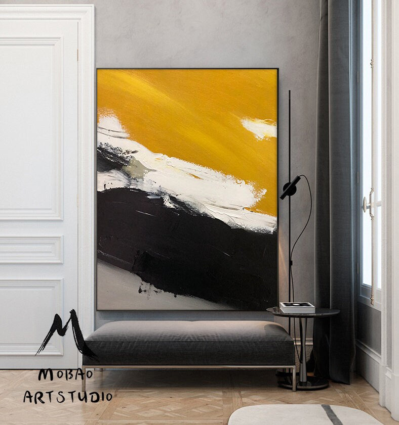 Original Golden Yellow Abstract Painting,Minimalist Abstract Painting,White Painting Black Painting,Large Abstract Painting,Living Room Art