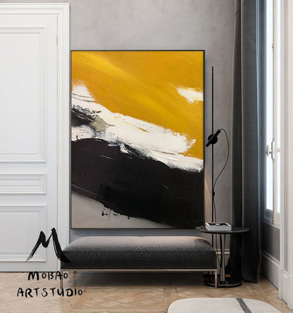 Original Golden Yellow Abstract Painting,Minimalist Abstract Painting,White Painting Black Painting,Large Abstract Painting,Living Room Art