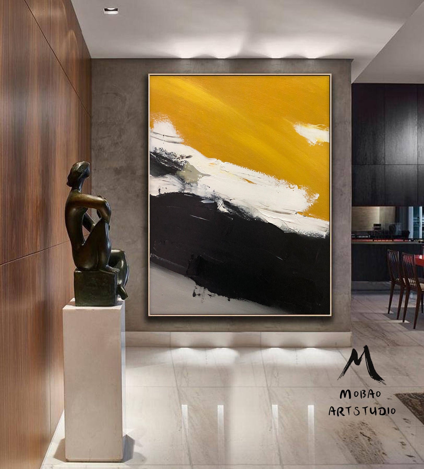 Original Golden Yellow Abstract Painting,Minimalist Abstract Painting,White Painting Black Painting,Large Abstract Painting,Living Room Art