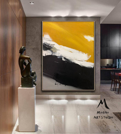 Original Golden Yellow Abstract Painting,Minimalist Abstract Painting,White Painting Black Painting,Large Abstract Painting,Living Room Art