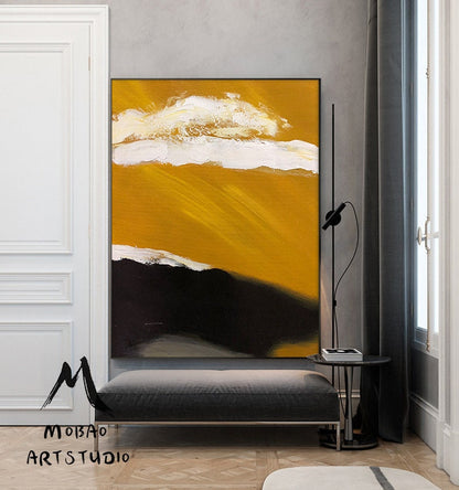 Large Abstract Painting, Original Golden Yellow Abstract Painting,Minimalist Abstract Painting,White Painting Black Painting,Living Room Art