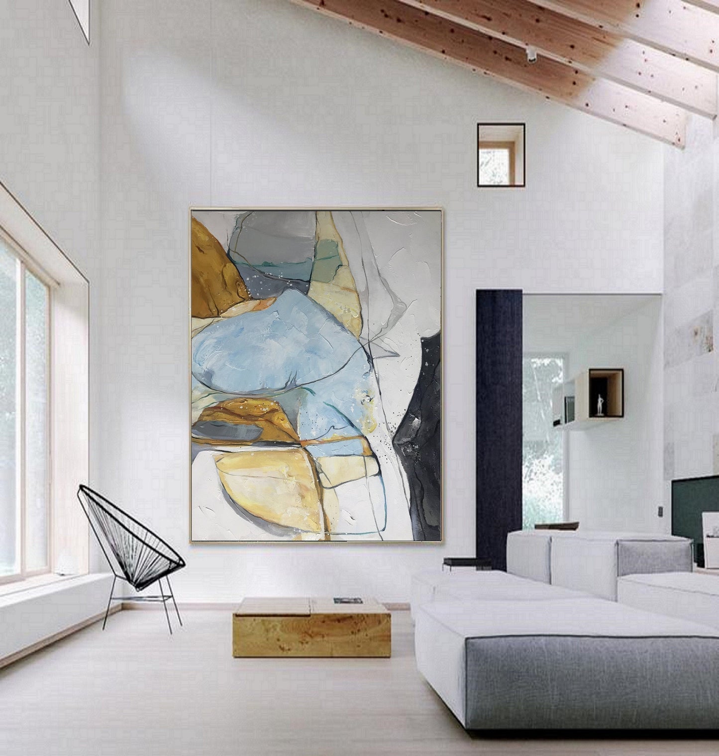 Large Minimalist Abstract Painting,Abstract Art Original Glod Painting Blue Painting, Minimalist Abstract Painting,Large Canvas Painting