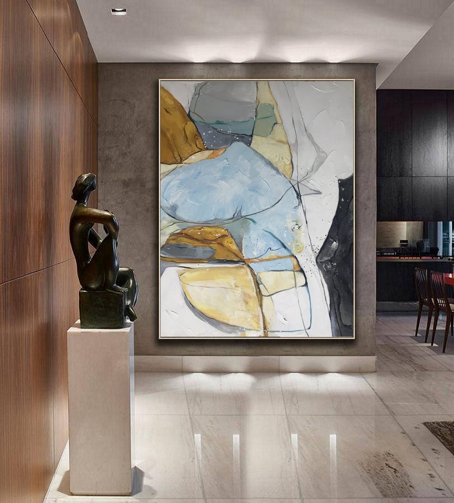 Large Minimalist Abstract Painting,Abstract Art Original Glod Painting Blue Painting, Minimalist Abstract Painting,Large Canvas Painting