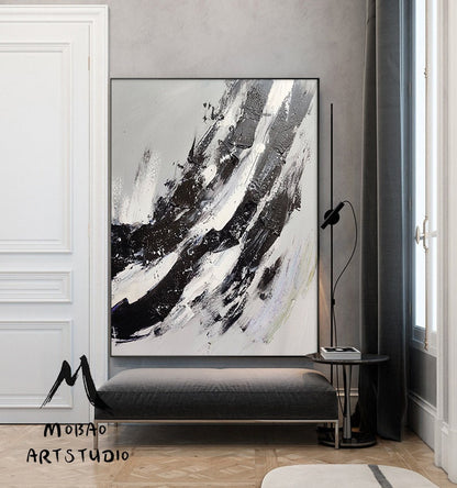 Large Abstract Painting,Modern Abstract Painting,Oil Hand Painting,Gray White Painting Black Painting,Office Wall Art,Original Textured Art