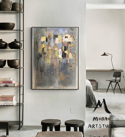 Large Gold Cubes White Abstract  Painting, Modern Painting, Abstract Wall Art Palette Knife Artwork Clear Painting, Office Decor Painting