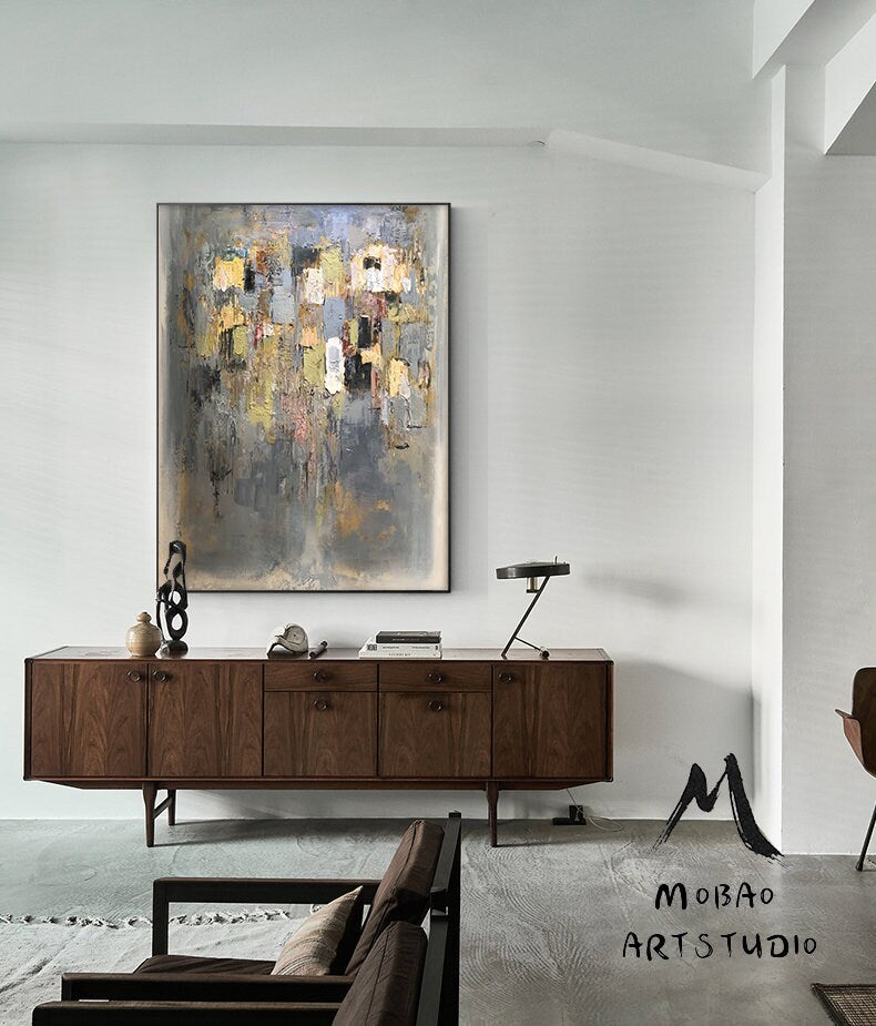 Large Gold Cubes White Abstract  Painting, Modern Painting, Abstract Wall Art Palette Knife Artwork Clear Painting, Office Decor Painting