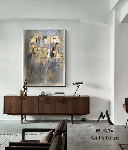 Large Gold Cubes White Abstract  Painting, Modern Painting, Abstract Wall Art Palette Knife Artwork Clear Painting, Office Decor Painting