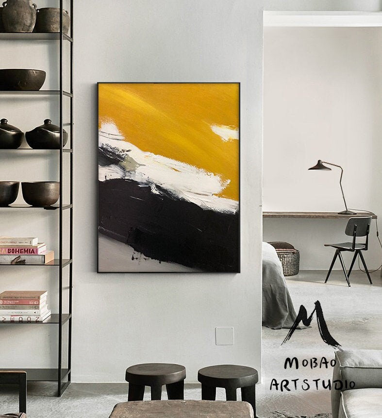 Original Golden Yellow Abstract Painting,Minimalist Abstract Painting,White Painting Black Painting,Large Abstract Painting,Living Room Art