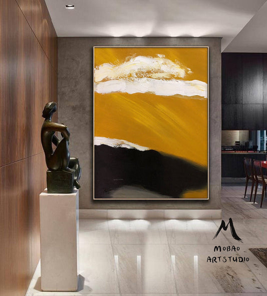 Large Abstract Painting, Original Golden Yellow Abstract Painting,Minimalist Abstract Painting,White Painting Black Painting,Living Room Art