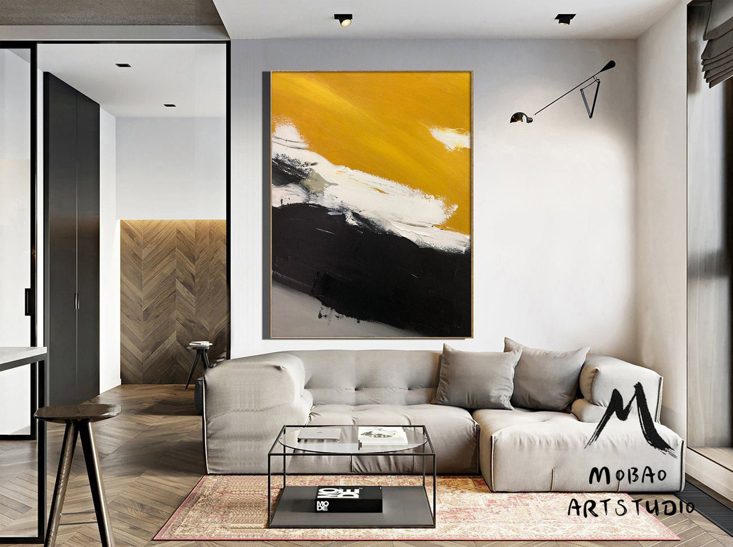 Original Golden Yellow Abstract Painting,Minimalist Abstract Painting,White Painting Black Painting,Large Abstract Painting,Living Room Art