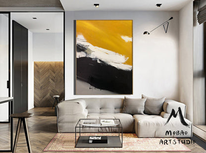 Original Golden Yellow Abstract Painting,Minimalist Abstract Painting,White Painting Black Painting,Large Abstract Painting,Living Room Art