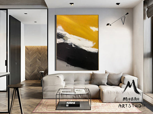 Original Golden Yellow Abstract Painting,Minimalist Abstract Painting,White Painting Black Painting,Large Abstract Painting,Living Room Art