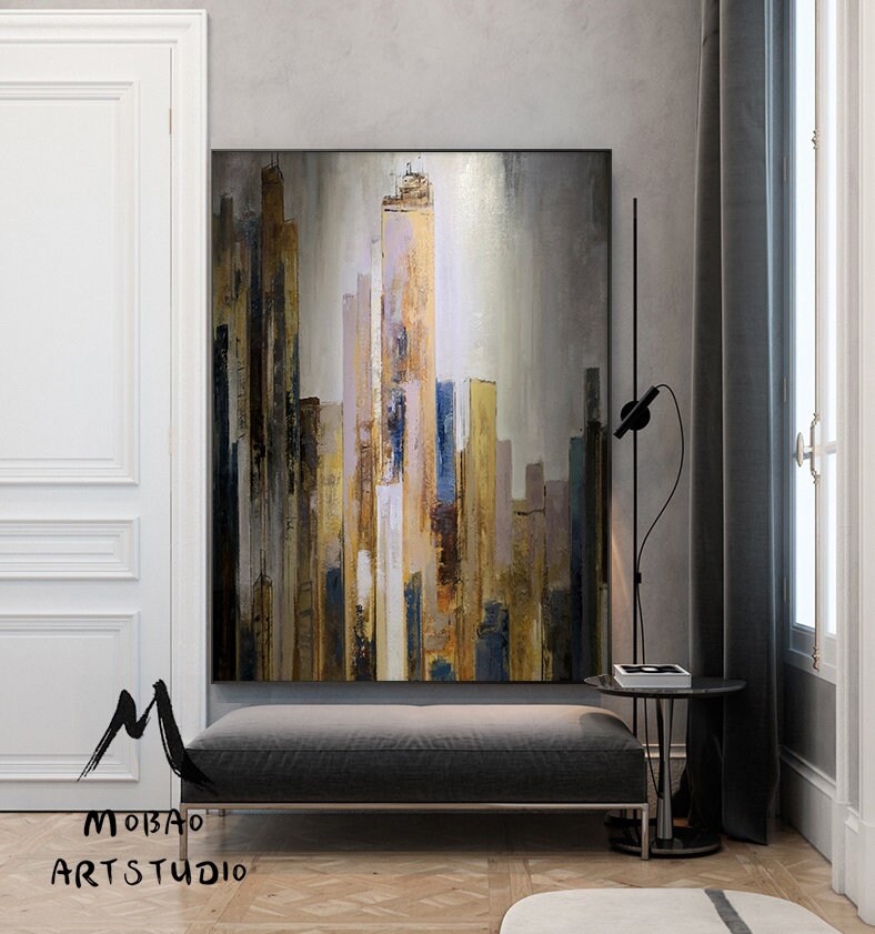 Large Citysacpe painted on canvas, Original skyline painting, City View Abstract painting,New York city oil painting,Large Wall art painting