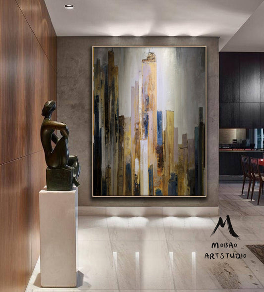 Large Citysacpe painted on canvas, Original skyline painting, City View Abstract painting,New York city oil painting,Large Wall art painting