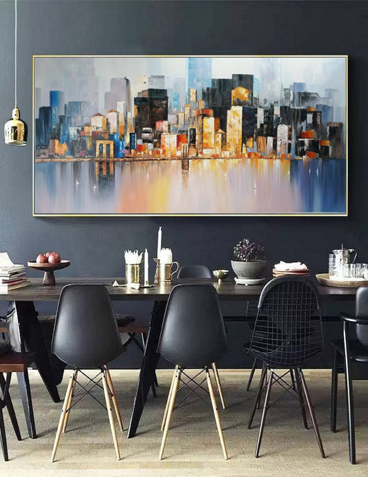 Large City art abstract painting, Large wall art oil painting, Future New York City Landscape Knife painting, Original city art oil painting