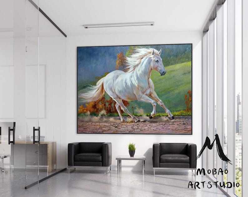 White Horse Painting Large Canvas Art Horse Decor Horse Oil Painting Large Oil Painting Horse Wall Art Large Wall Art Living Room Art #M5132