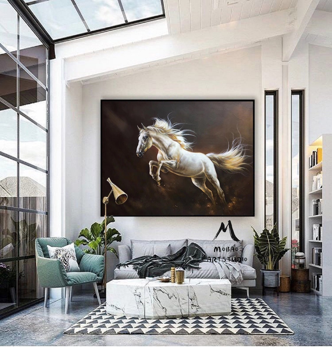 White Horse Painting Large Oil Painting Horse Wall Art Large Canvas Art Horse Decor Horse Oil Painting Large Wall Art Living Room Art #M5131