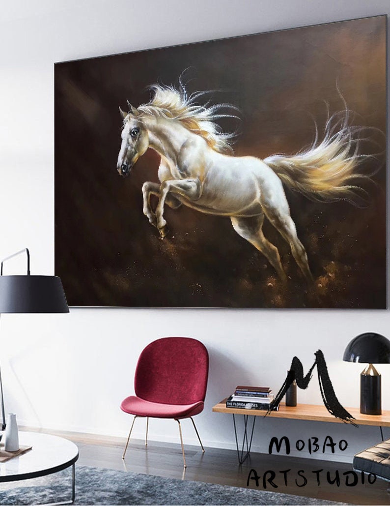 White Horse Painting Large Oil Painting Horse Wall Art Large Canvas Art Horse Decor Horse Oil Painting Large Wall Art Living Room Art #M5131