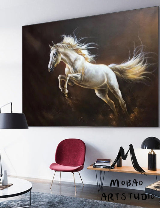 White Horse Painting Large Oil Painting Horse Wall Art Large Canvas Art Horse Decor Horse Oil Painting Large Wall Art Living Room Art #M5131